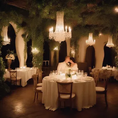 The couple enjoyed a romantic dinner in a lush restaurant with lavish decorations and a profusion of candlelight.