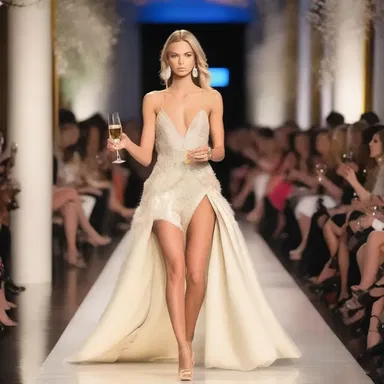 The fashion show featured models wearing elegant and glamorous outfits, while also portraying the image of a sophisticated lush holding a glass of champagne.