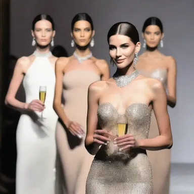 The fashion show featured models wearing elegant and glamorous outfits, while also portraying the image of a sophisticated lush holding a glass of champagne.