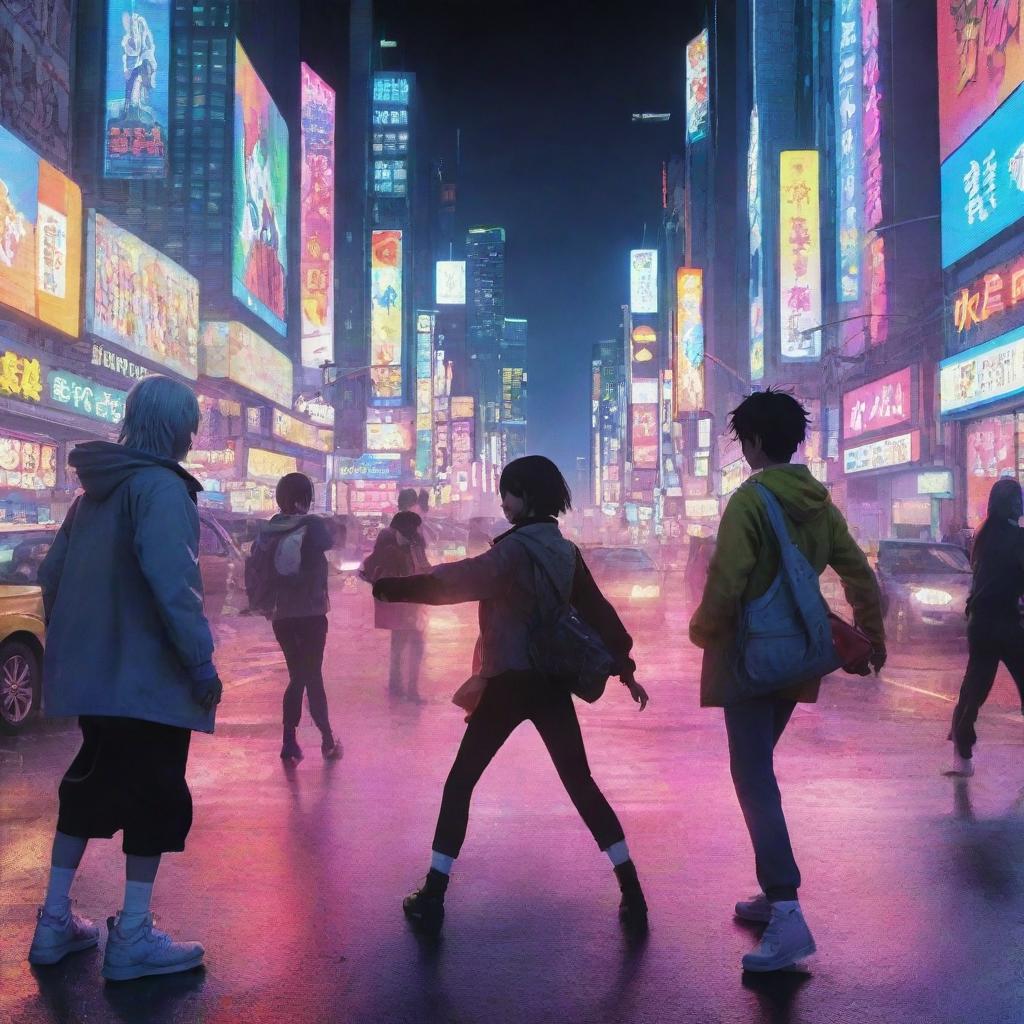 A dynamic anime scene with colorful characters engaged in an epic showdown with a mesmerizing backdrop of neon cityscapes.