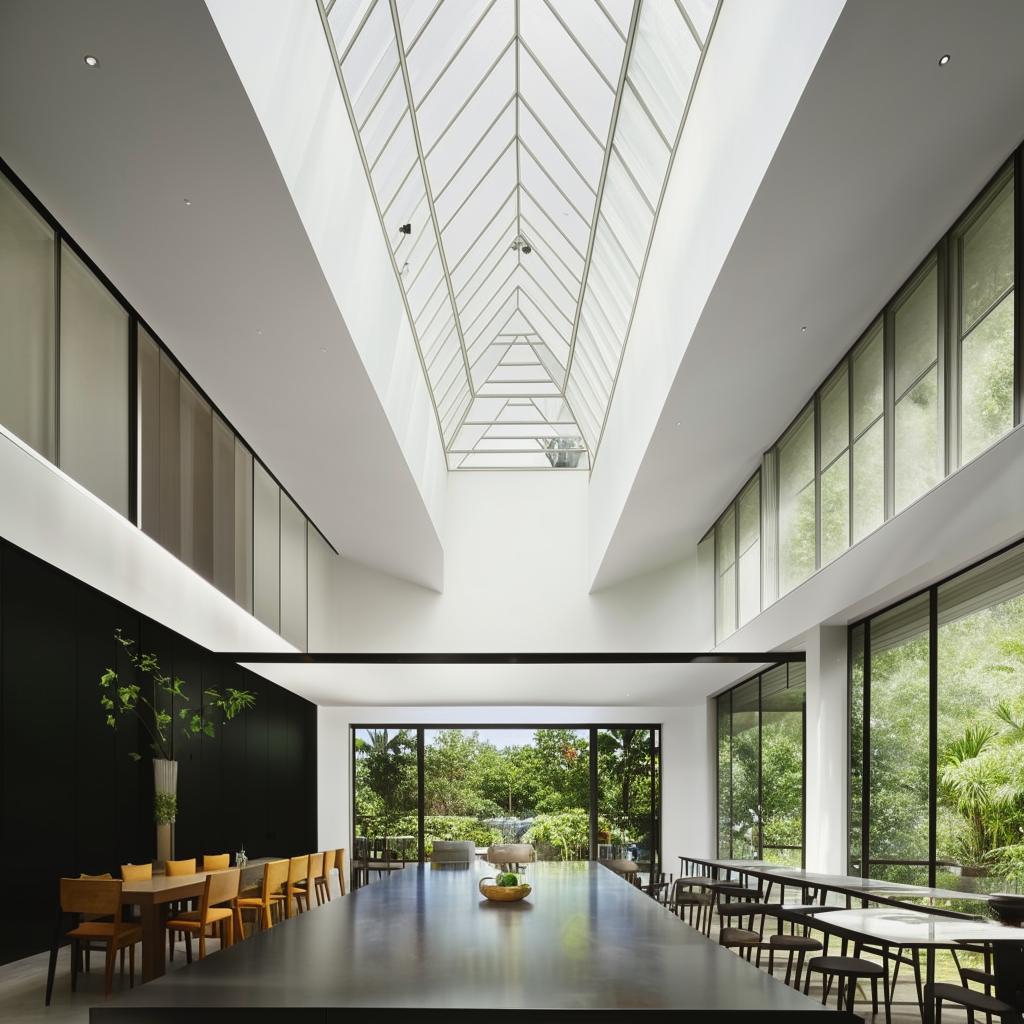 An architecturally designed dining room with soaring high ceilings, large floor-to-ceiling windows illuminating the space, and a significant skylight providing a dramatic influx of natural light