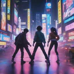 A dynamic anime scene with colorful characters engaged in an epic showdown with a mesmerizing backdrop of neon cityscapes.