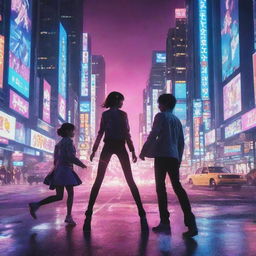 A dynamic anime scene with colorful characters engaged in an epic showdown with a mesmerizing backdrop of neon cityscapes.