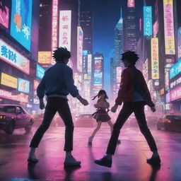 A dynamic anime scene with colorful characters engaged in an epic showdown with a mesmerizing backdrop of neon cityscapes.