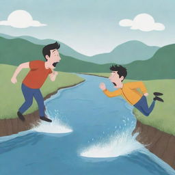 A cartoon character depicting a man sneezing like a river, and another man diving into the generated river.