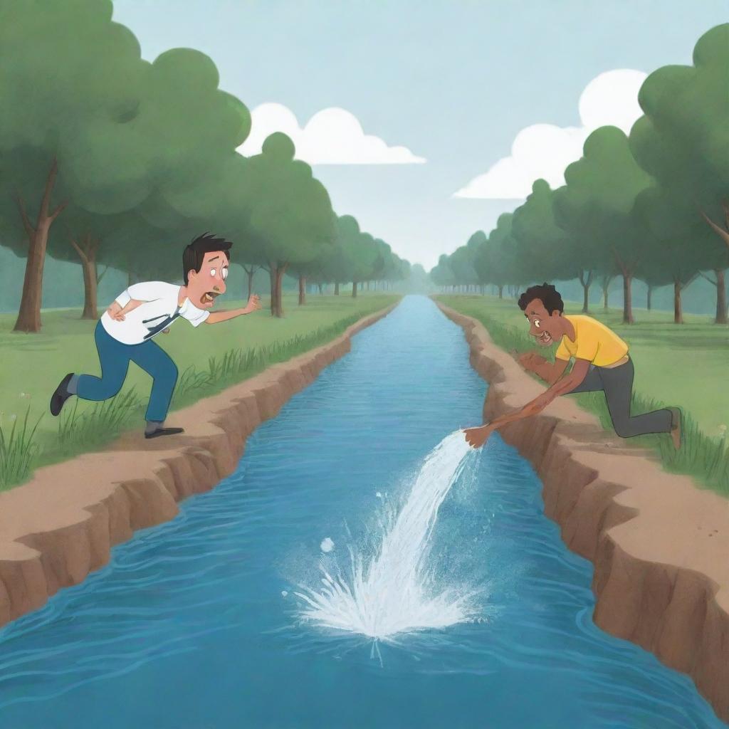 A cartoon character depicting a man sneezing like a river, and another man diving into the generated river.