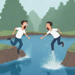 A cartoon character depicting a man sneezing like a river, and another man diving into the generated river.