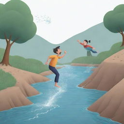 A cartoon character depicting a man sneezing like a river, and another man diving into the generated river.