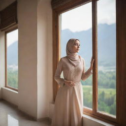 A graceful Muslim woman standing by a window, through which a beautiful natural scenery is visible