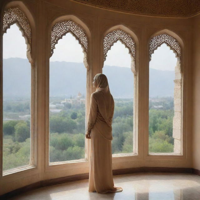 A graceful Muslim woman standing by a window, through which a beautiful natural scenery is visible