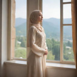 A graceful Muslim woman standing by a window, through which a beautiful natural scenery is visible