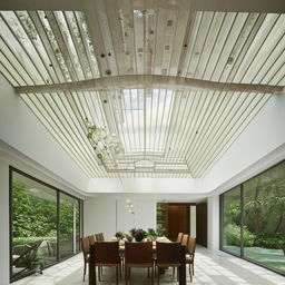 An architecturally designed dining room with soaring high ceilings, large floor-to-ceiling windows illuminating the space, and a significant skylight providing a dramatic influx of natural light