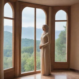 A graceful Muslim woman standing by a window, through which a beautiful natural scenery is visible