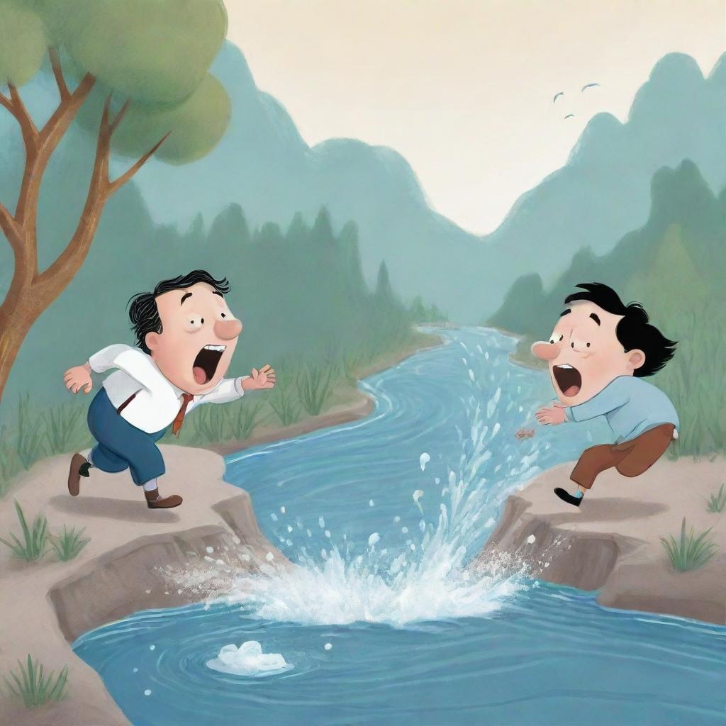 A whimsical cartoon illustration featuring one character sneezing out a river, with another character being swept away and sinking into the same river.