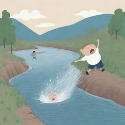 A whimsical cartoon illustration featuring one character sneezing out a river, with another character being swept away and sinking into the same river.