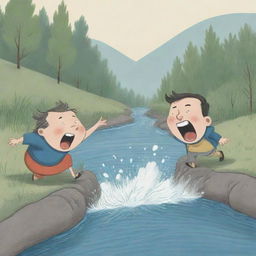 A whimsical cartoon illustration featuring one character sneezing out a river, with another character being swept away and sinking into the same river.