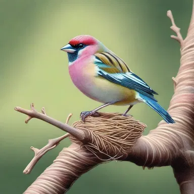 The painter depicted a weaver finch perched on a twig, showcasing the intricacy of its woven nest.