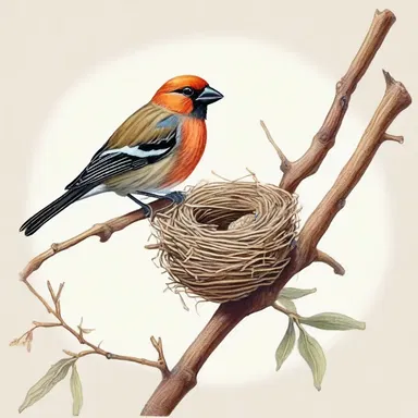 The painter depicted a weaver finch perched on a twig, showcasing the intricacy of its woven nest.