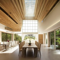 An architecturally designed dining room with soaring high ceilings, large floor-to-ceiling windows illuminating the space, and a significant skylight providing a dramatic influx of natural light