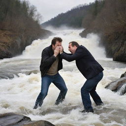 An amusing visual of a man sneezing out a river with such force that another man is sinking into the torrent.