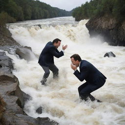 An amusing visual of a man sneezing out a river with such force that another man is sinking into the torrent.