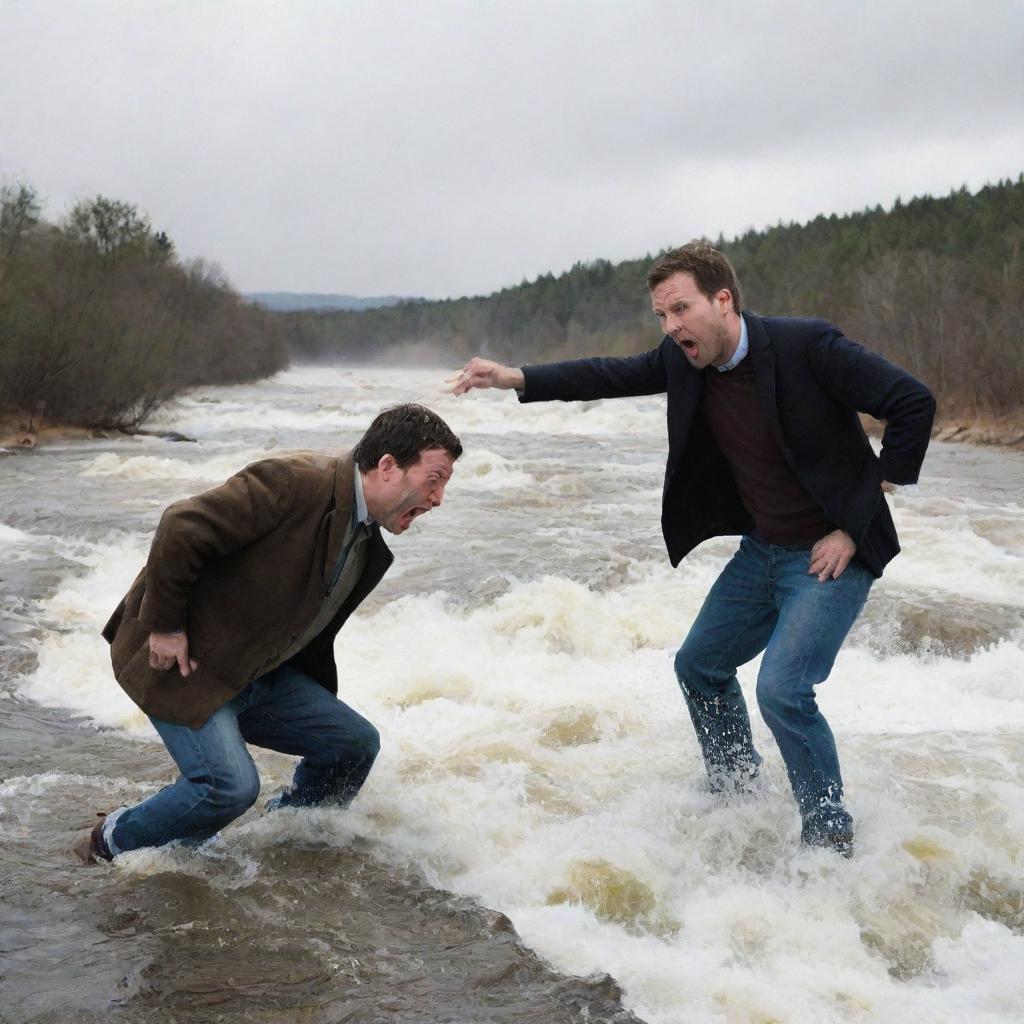 An amusing visual of a man sneezing out a river with such force that another man is sinking into the torrent.