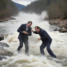 An amusing visual of a man sneezing out a river with such force that another man is sinking into the torrent.