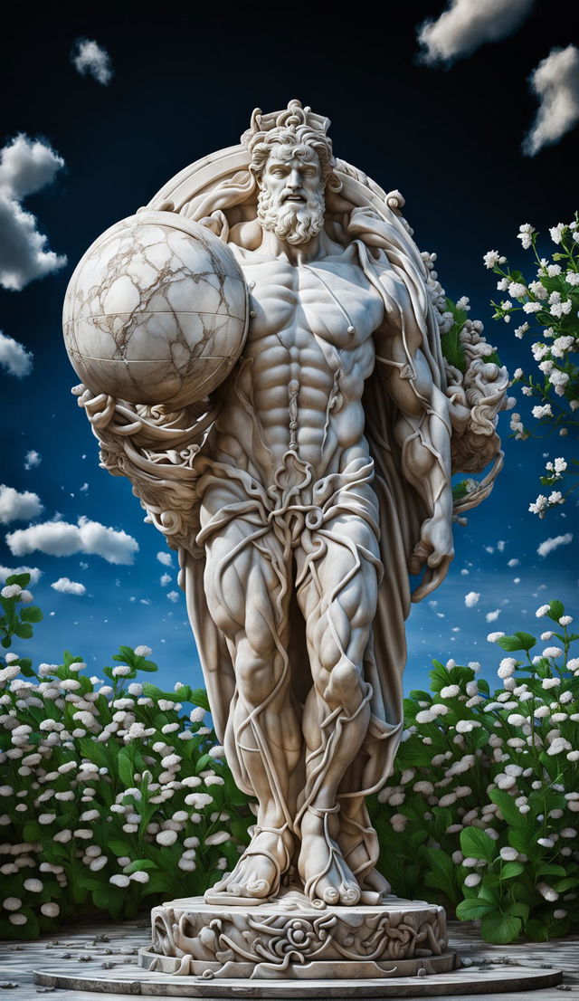 A towering marble statue of Atlas carrying the celestial sphere stands in a lush garden under a clear blue sky.