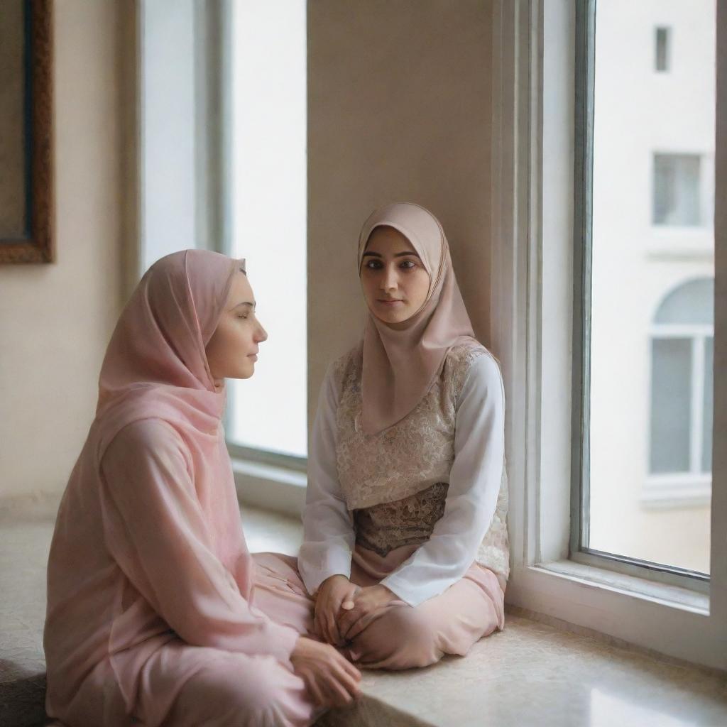 A Muslim woman sitting calmly near a window, which holds a beautiful picture. Her face is not visible.