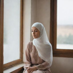 A Muslim woman sitting calmly near a window, which holds a beautiful picture. Her face is not visible.