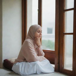 A Muslim woman sitting calmly near a window, which holds a beautiful picture. Her face is not visible.