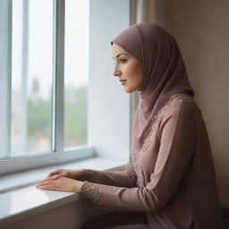 A Muslim woman sitting calmly near a window, which holds a beautiful picture. Her face is not visible.