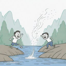 A doodle-style drawing illustrating a character powerfully sneezing a river and another character playfully jumping into the same river.