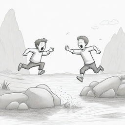 A doodle-style drawing illustrating a character powerfully sneezing a river and another character playfully jumping into the same river.