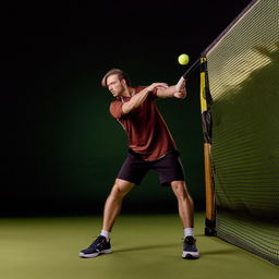 A muscular male fitness model in sportswear, poised in action while playing tennis, with the backdrop of a tennis court.