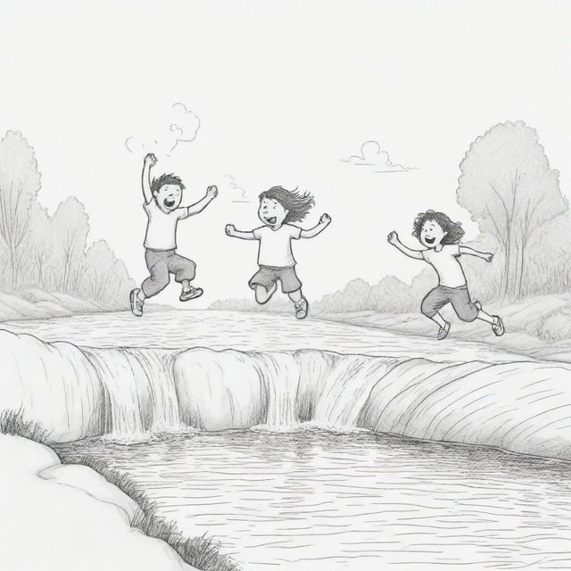 A doodle-style drawing illustrating a character powerfully sneezing a river and another character playfully jumping into the same river.