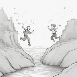 A doodle-style drawing illustrating a character powerfully sneezing a river and another character playfully jumping into the same river.