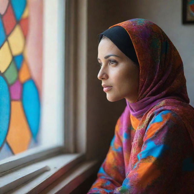 A Muslim woman sitting near a window with a beautiful picture depicted, her face isn't visible. The scene is filled with bright and vivid colors.