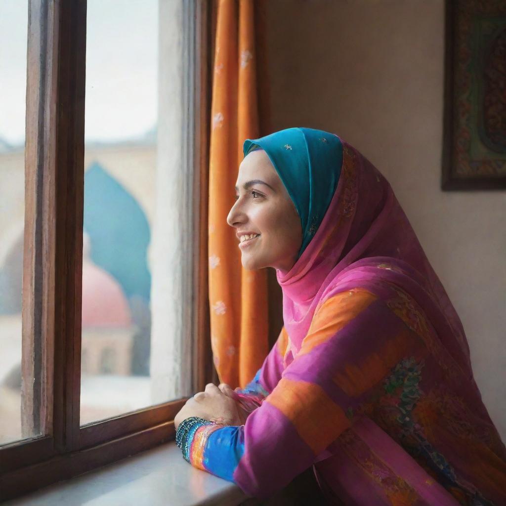 A Muslim woman sitting near a window with a beautiful picture displayed, her face isn't visible. The scene is exuberantly filled with bright, vibrant colors.