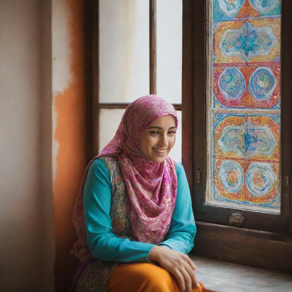 A Muslim woman sitting near a window with a beautiful picture displayed, her face isn't visible. The scene is exuberantly filled with bright, vibrant colors.