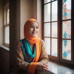 A Muslim woman sitting near a window with a beautiful picture displayed, her face isn't visible. The scene is exuberantly filled with bright, vibrant colors.