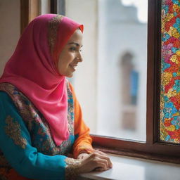 A Muslim woman sitting near a window with a beautiful picture displayed, her face isn't visible. The scene is exuberantly filled with bright, vibrant colors.