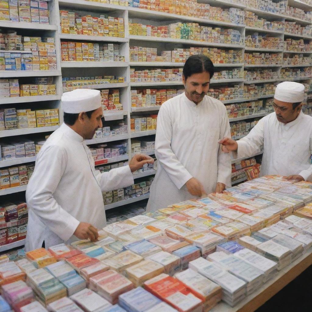 A lively scene of Pakistani men selling a variety of medicines at a bustling pharmacy. They are wearing traditional attire and surrounded by rows of colorful medicine boxes.