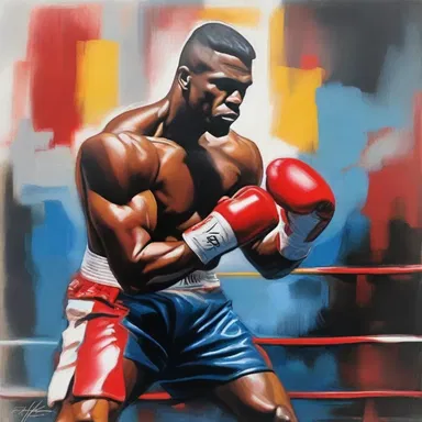 The artist painted a striking and vibrant portrait of a professional boxer, capturing the strength, determination, and raw energy that encapsulate the art of professional boxing.