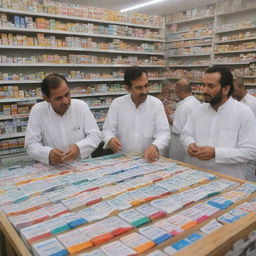 A lively scene of Pakistani men selling a variety of medicines at a bustling pharmacy. They are wearing traditional attire and surrounded by rows of colorful medicine boxes.