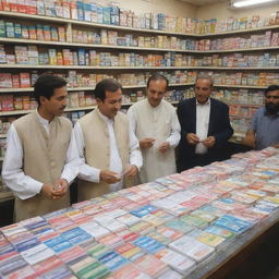 A lively scene of Pakistani men selling a variety of medicines at a bustling pharmacy. They are wearing traditional attire and surrounded by rows of colorful medicine boxes.