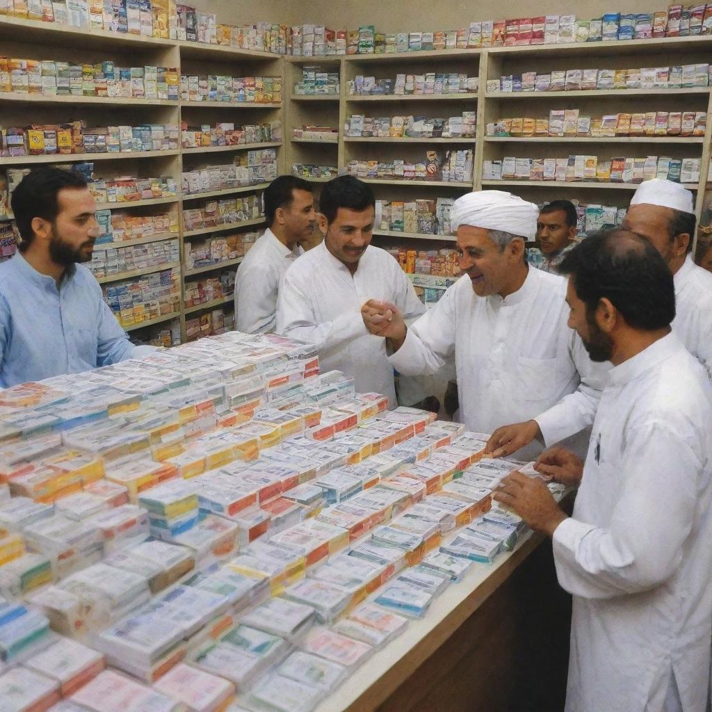 A lively scene of Pakistani men selling a variety of medicines at a bustling pharmacy. They are wearing traditional attire and surrounded by rows of colorful medicine boxes.