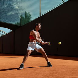 A muscular male fitness model in sportswear, poised in action while playing tennis, with the backdrop of a tennis court.