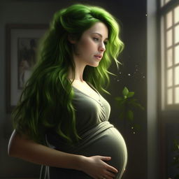 Create a hyper-realistic, UHD image of a green-haired woman with a pregnant belly, marveling at the beauty and perfection of the baby within. Emphasize natural textures and high detail.