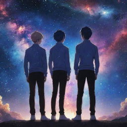 Anime-inspired artwork of twin brothers standing side by side, their features identical yet unique. Behind them, a breathtaking background of a vibrant galaxy, with swirling stars in multiple colors.